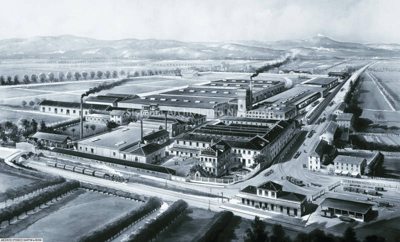 Riproduzione ad acquerello S.T.E.N. di una veduta dello stabilimento produttivo Martini & Rossi a Pessione, 1924. (Martini & Rossi spa, Fondo Martini & Rossi spa)